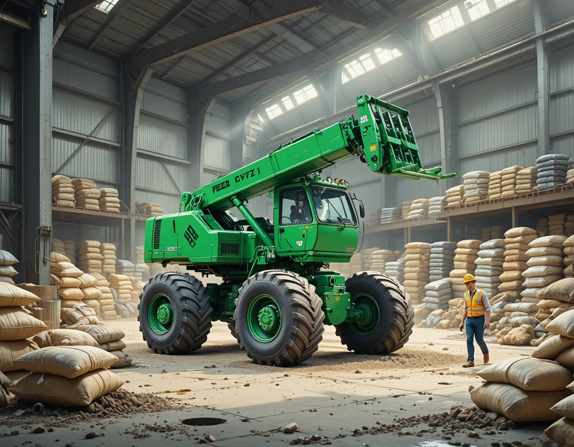 Green forklift working inside a busy industrial warehouse