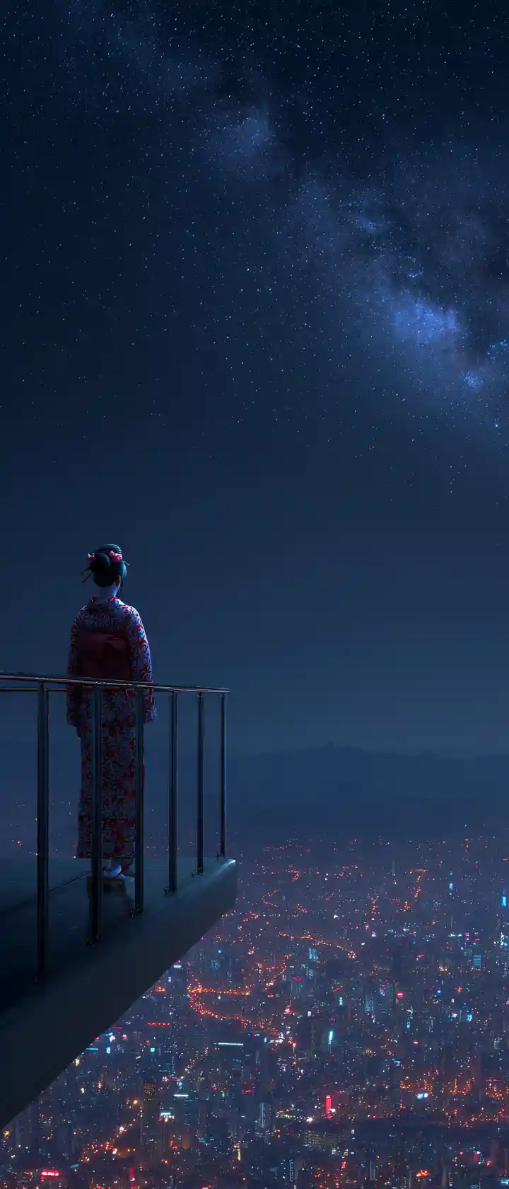 Cyber geisha dancing on futuristic glass sky bridge