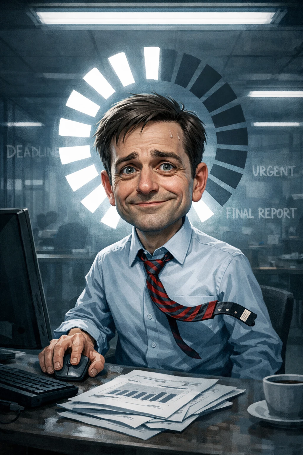 Gestresster Datenanalyst unter rotierendem Lade-Halo im Büro