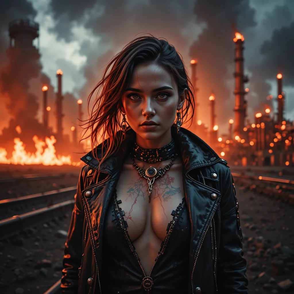 Cyberpunk woman before burning industrial refinery at night