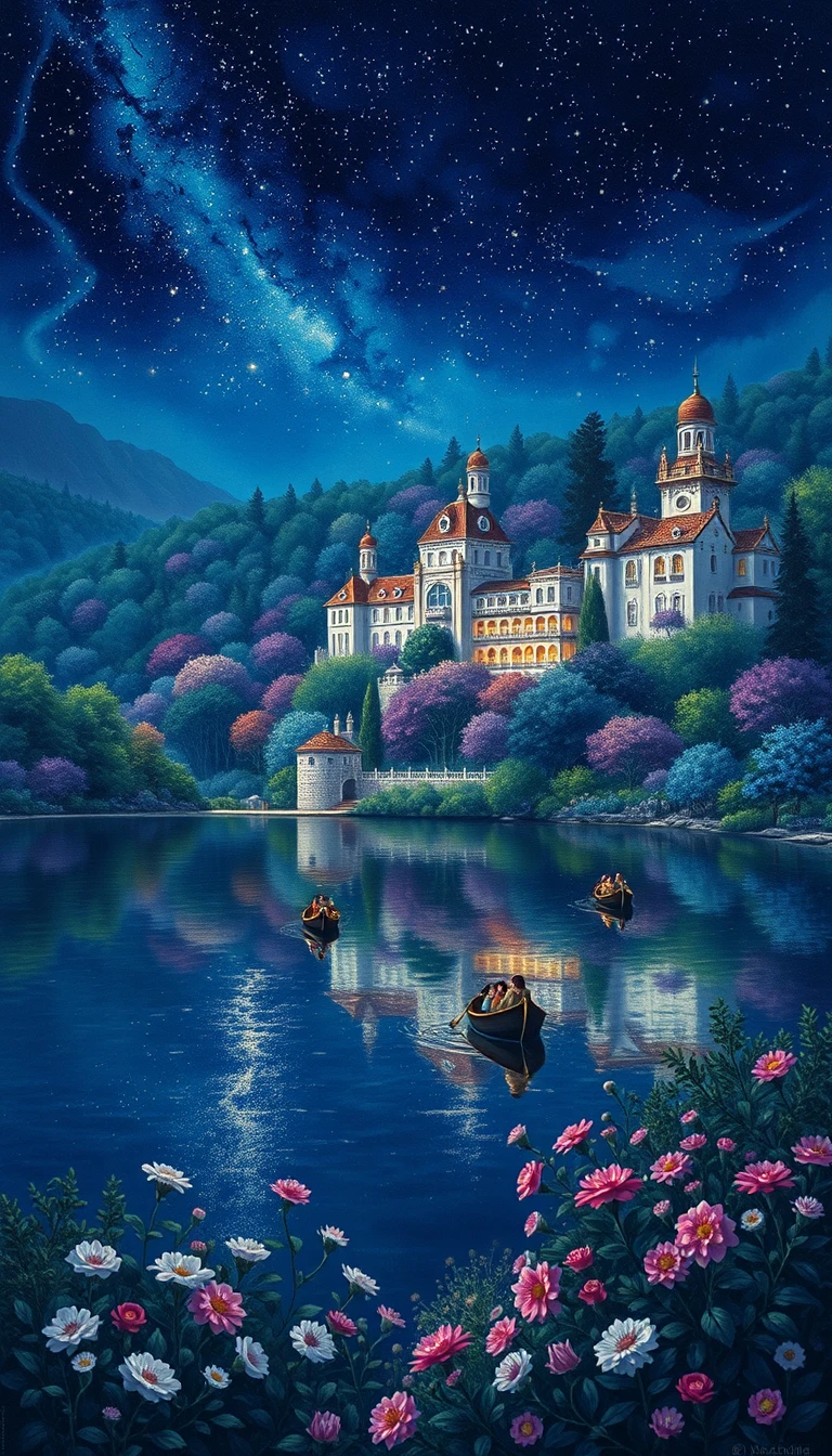 Lago noturno onírico com palácios e floresta