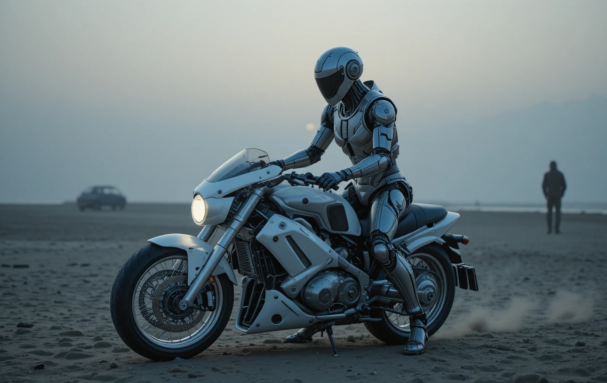 Robô futurista em moto brilhante na praia enevoada ao amanhecer