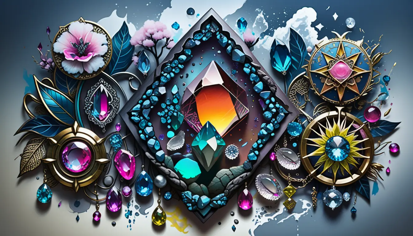 Bohemian-Gothic Edelstein-Tattoo-Illustration mit Neon-Kristallakzenten