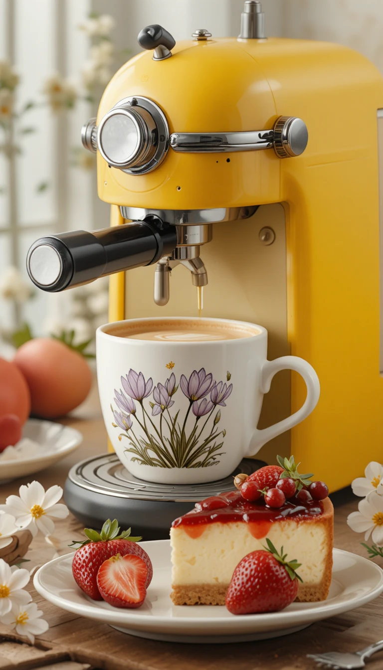 Máquina de café amarela com latte e sobremesa de cheesecake