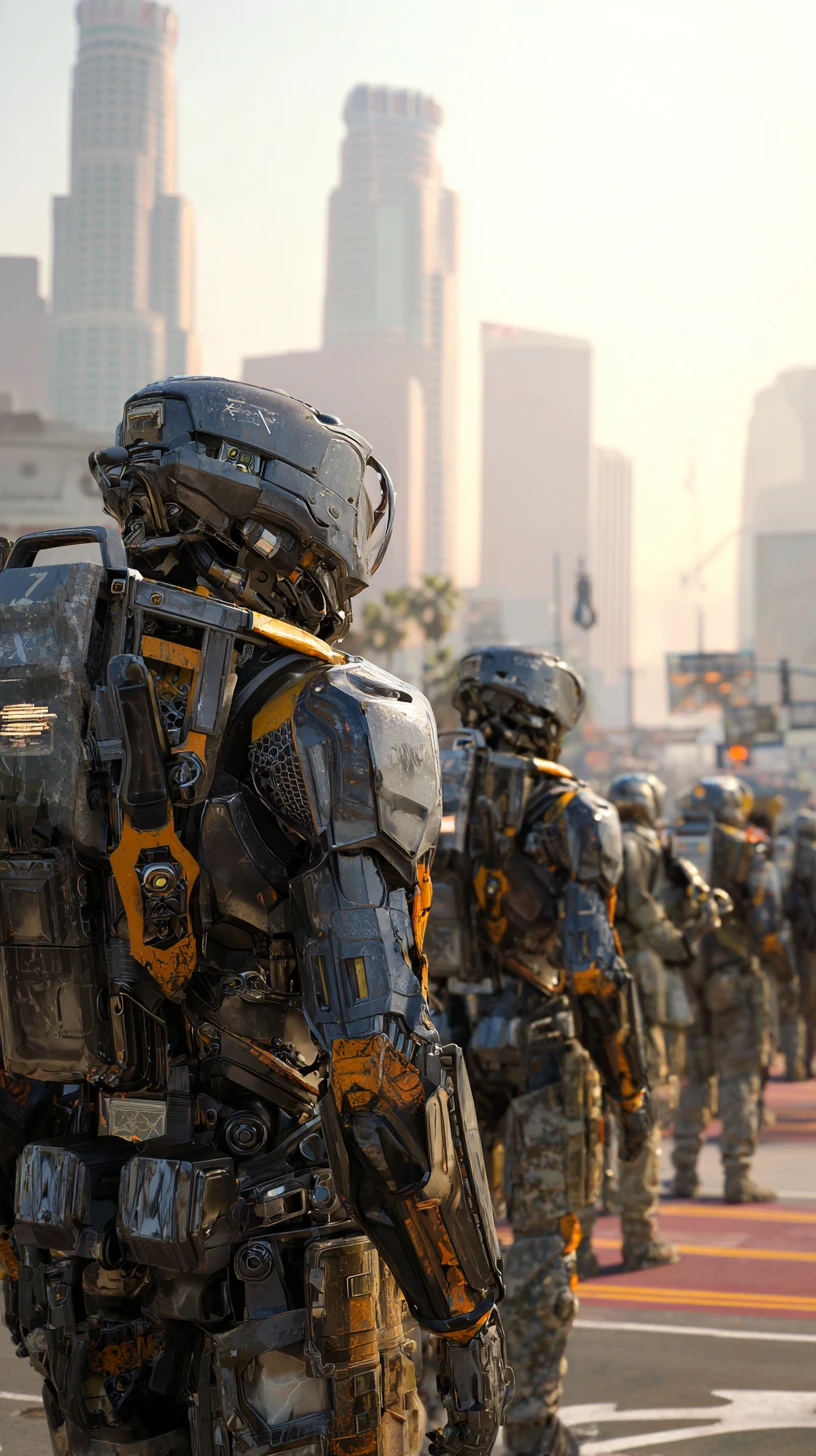 Massivos exoesqueletos futuristas em batalha contra soldados em cidade arruinada
