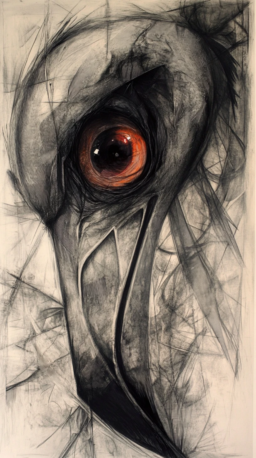 Flamingo abstrato com grandes olhos reflexivos em técnica mista