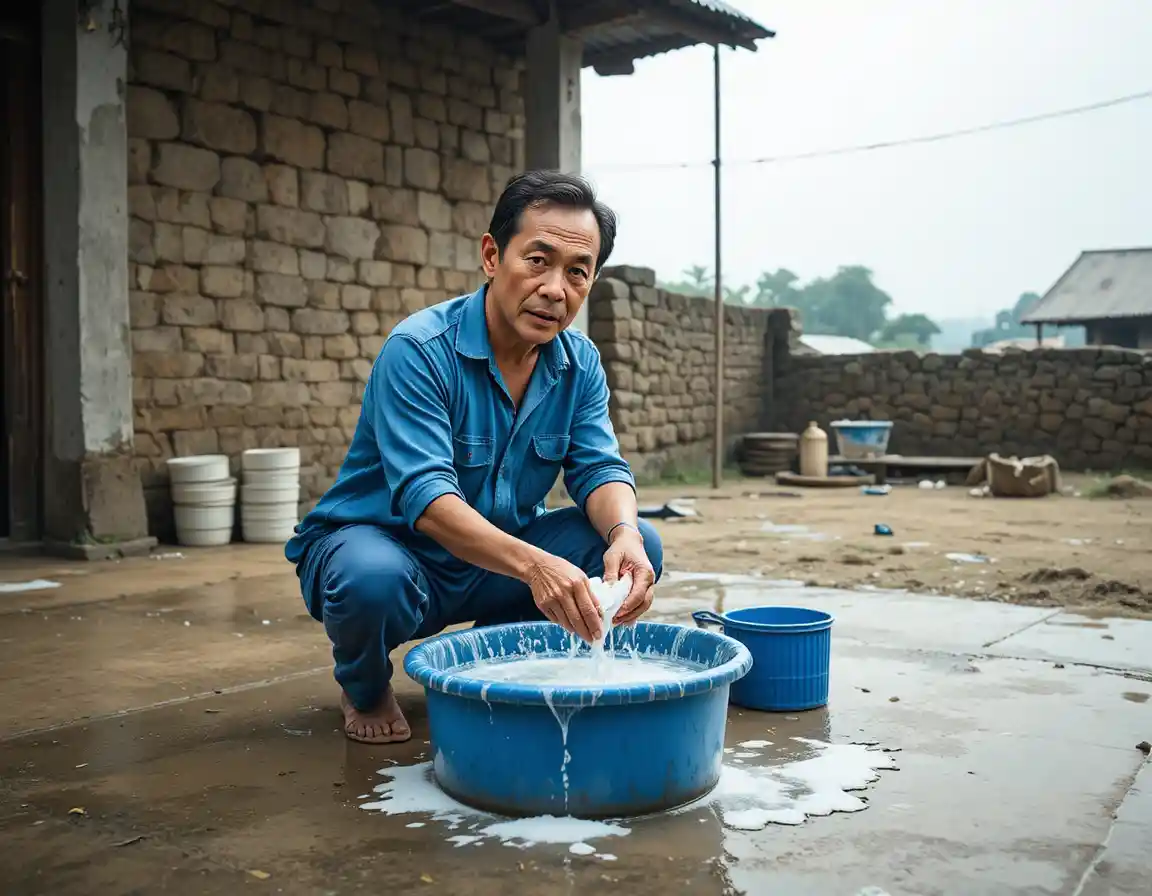 Asian man washing dishes in a rural outdoor courtyard