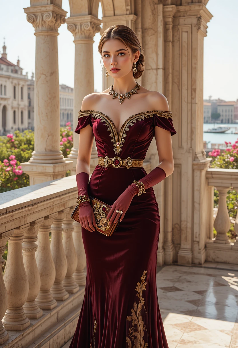 Elegant fashion woman on Venetian palazzo terrace