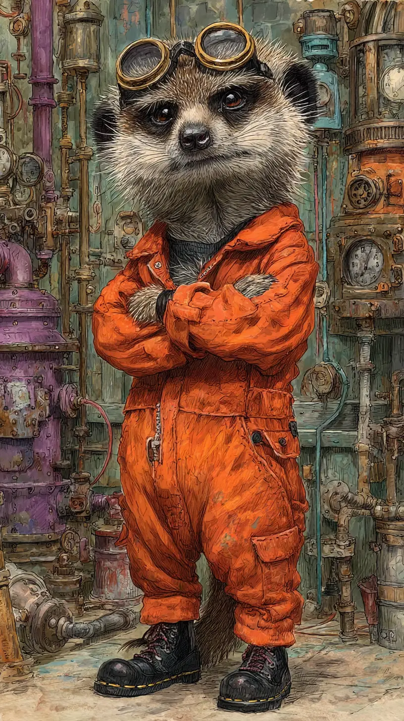 Tall meerkat in steampunk outfit in mechanical workshop