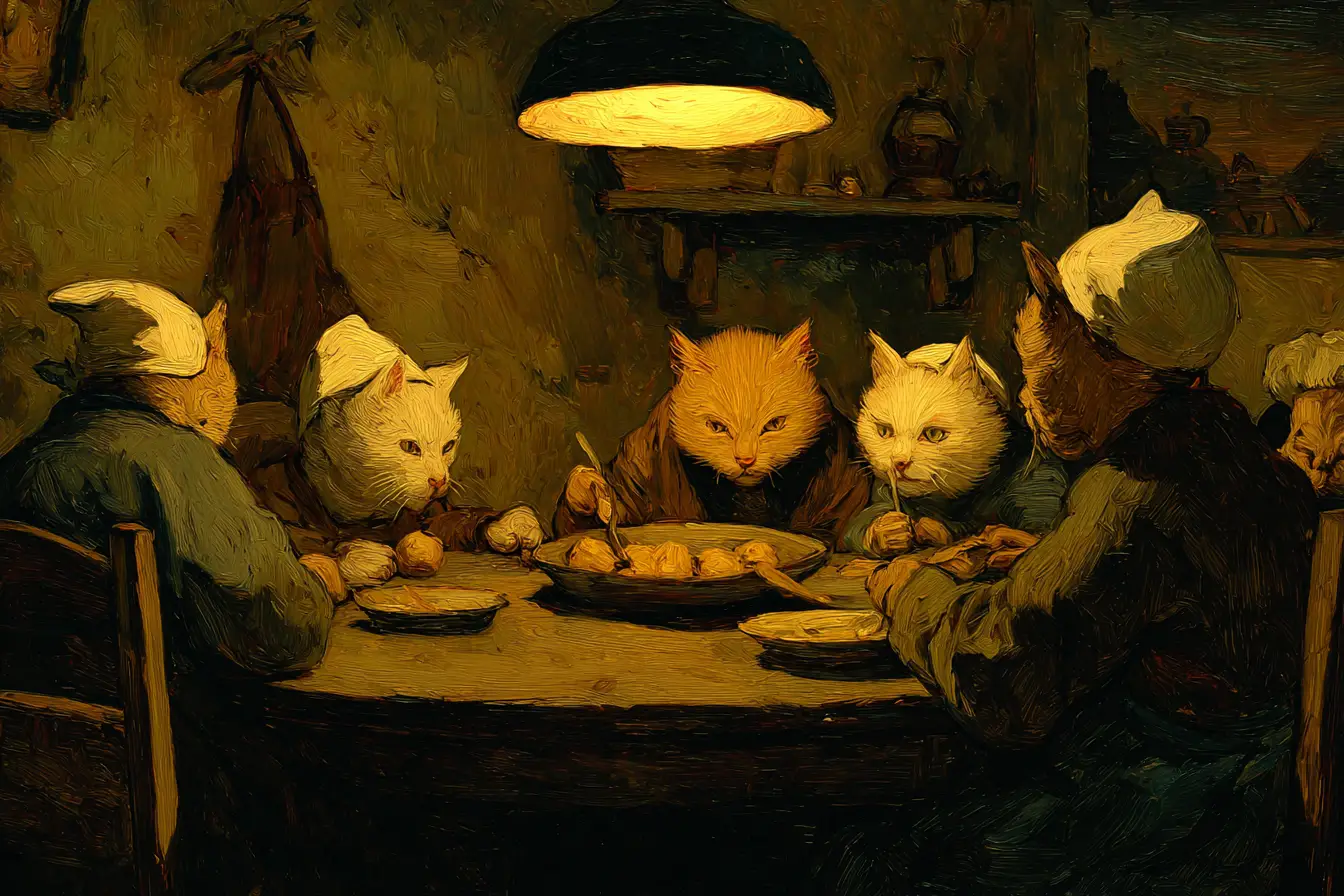 Chats Paysans Tout Doux Partageant des Pommes de Terre à la Lumière d’une Lampe
