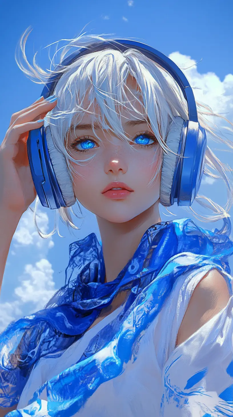 Anime-Mädchen mit blauen Kopfhörern vor hellem Himmel
