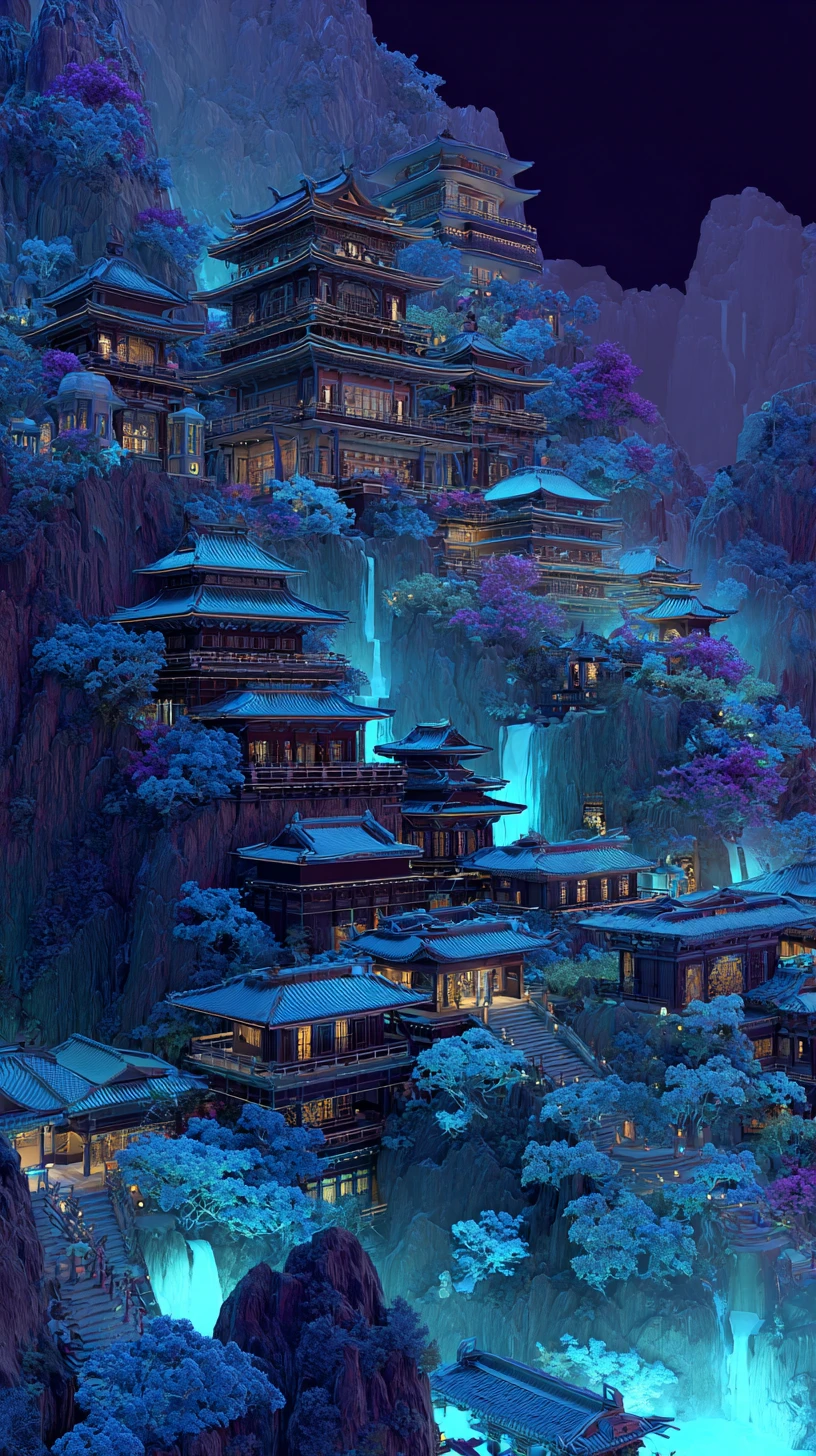 Ciudad de pagodas en un acantilado con cascadas luminosas de noche