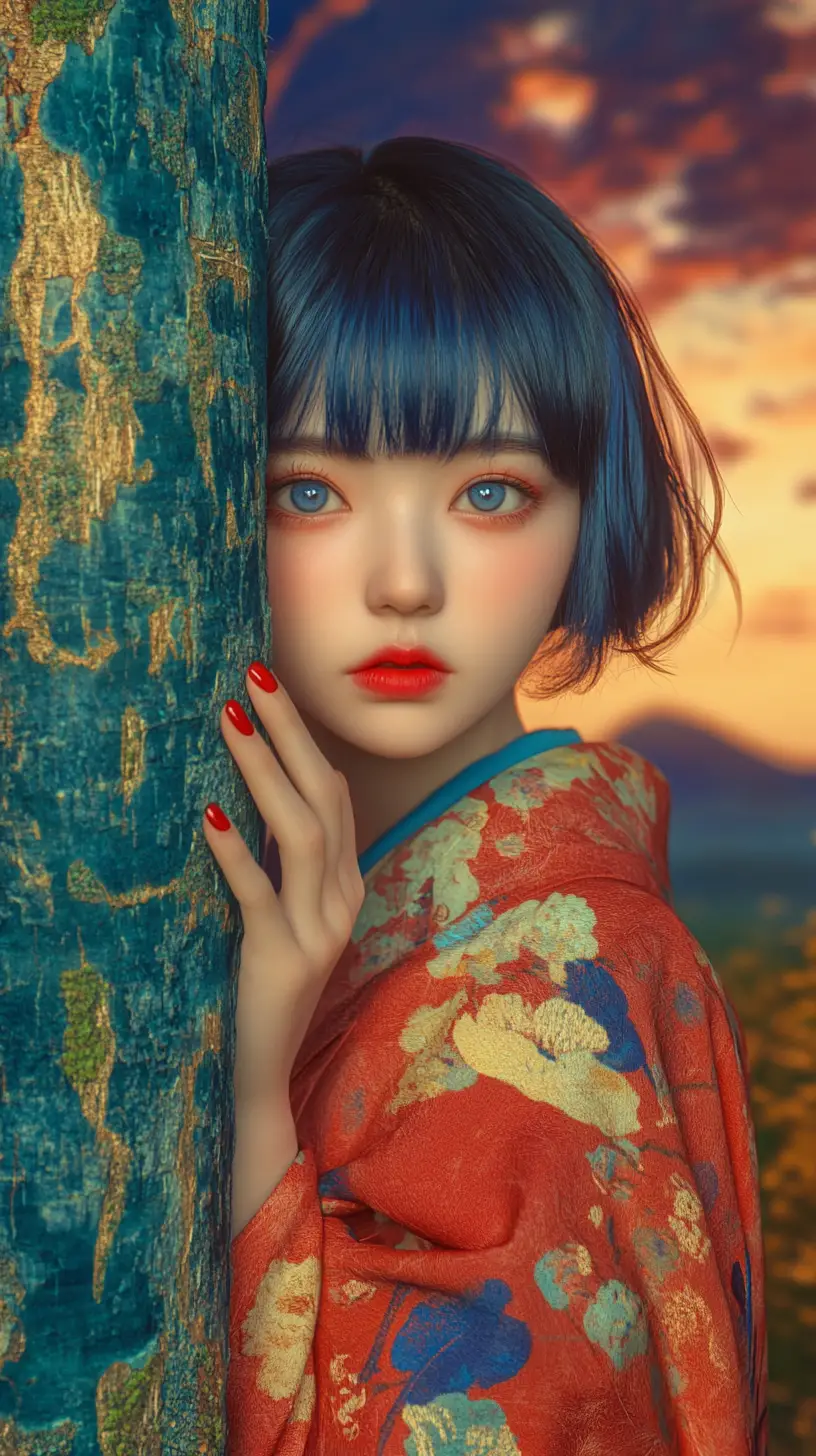 Mujer con kimono rojo escondida detrás de un árbol texturizado