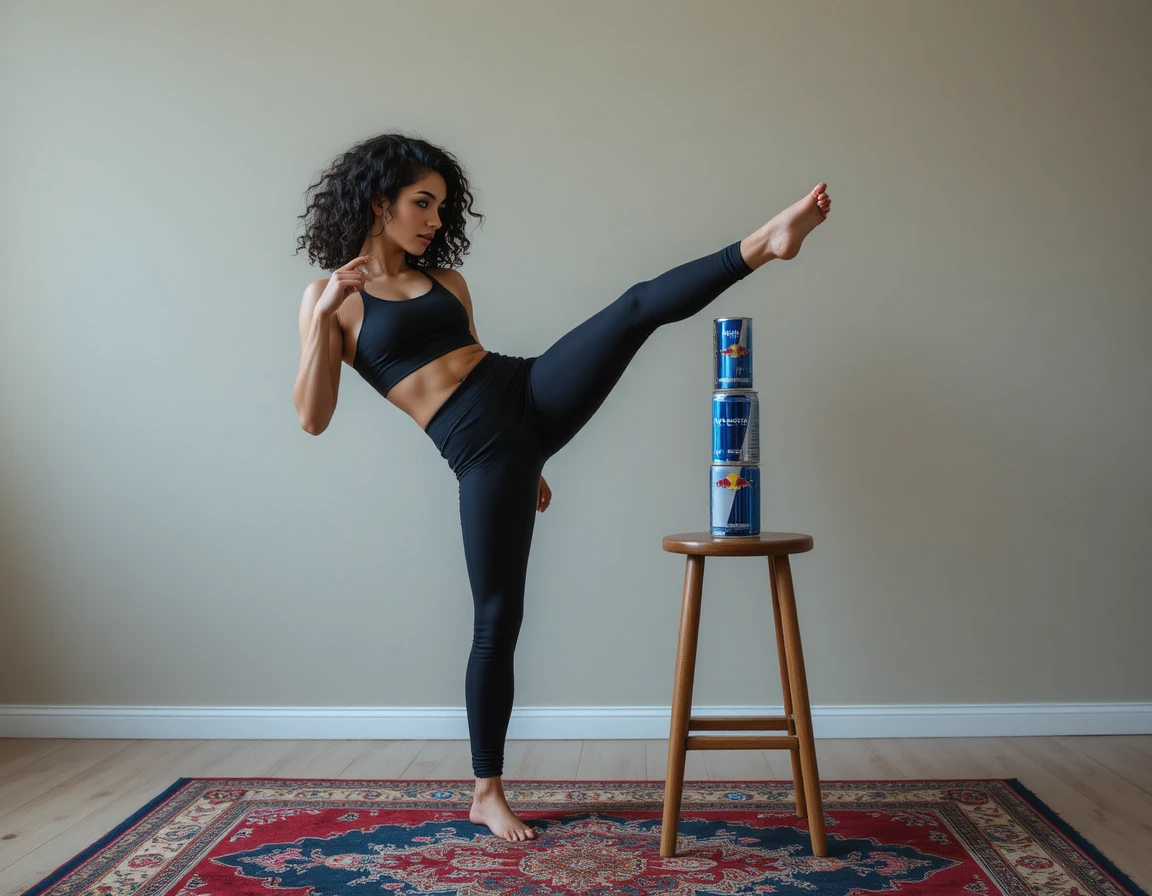 Young woman kicking red bull cans in a calm indoor scene