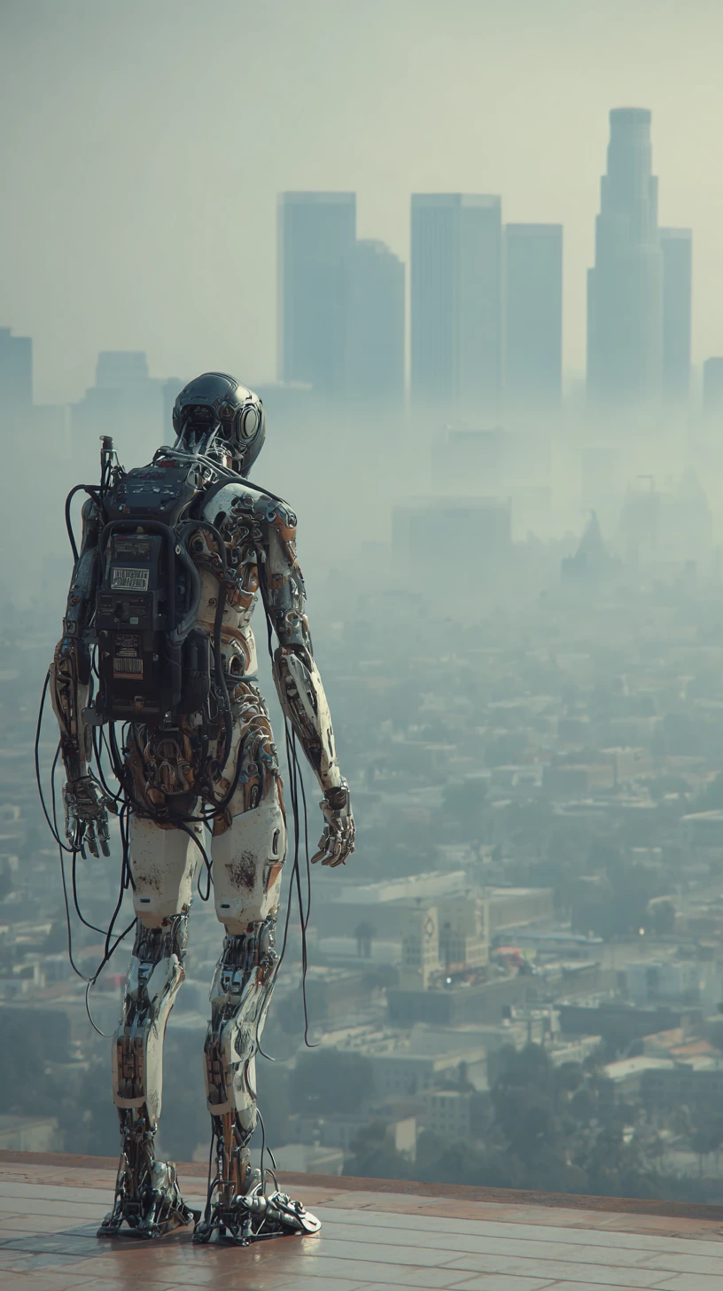 Futuristic steel exoskeleton towering over chaotic LA cityscape
