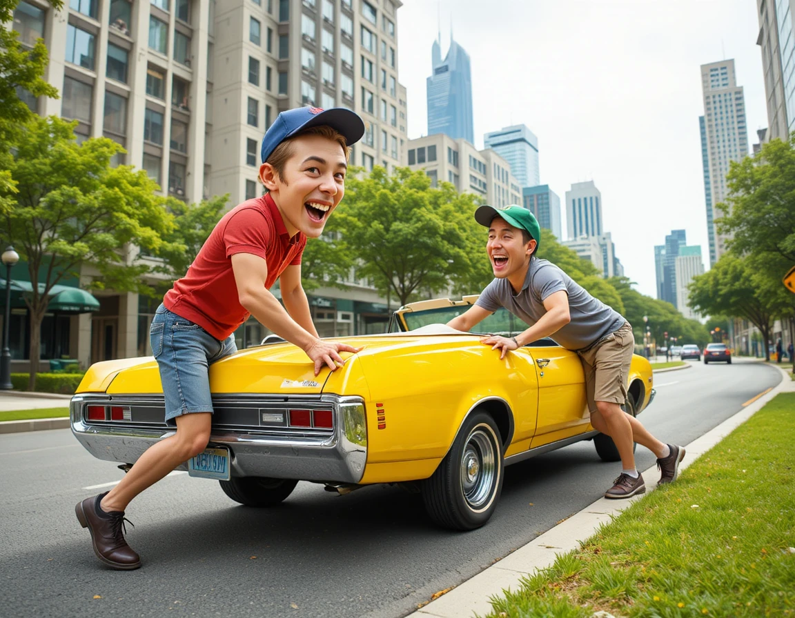 Two friends pushing a vintage yellow convertible in city traffic