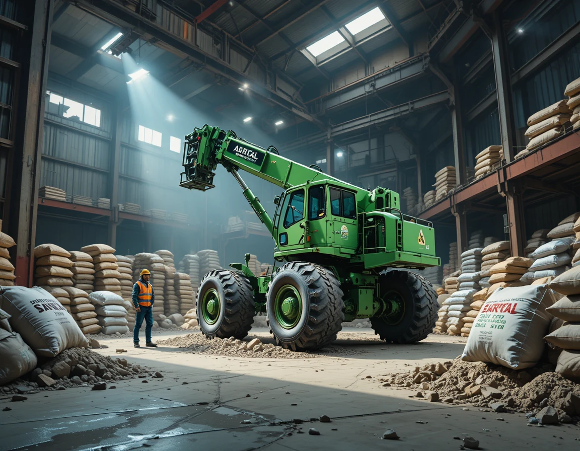 Green forklift working in a busy industrial warehouse