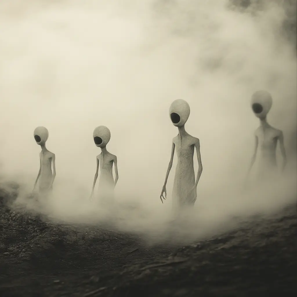 在地下基地迷霧中遊走的超現實外星人