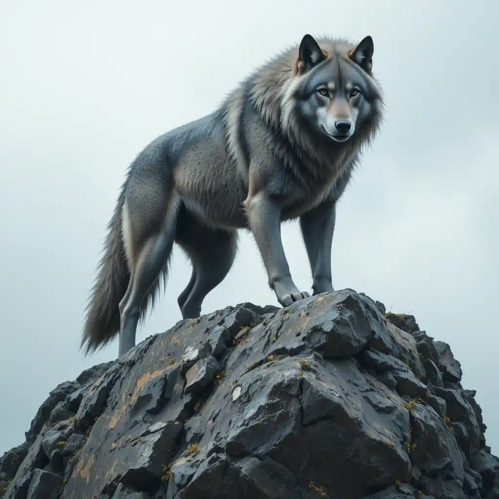 Alpha wolf standing proudly on jagged rock