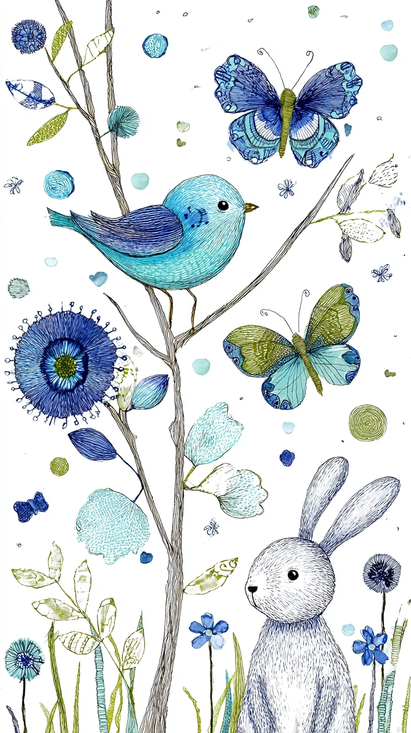 Whimsical Folk Art Garden With Bird Rabbit And Butterfly