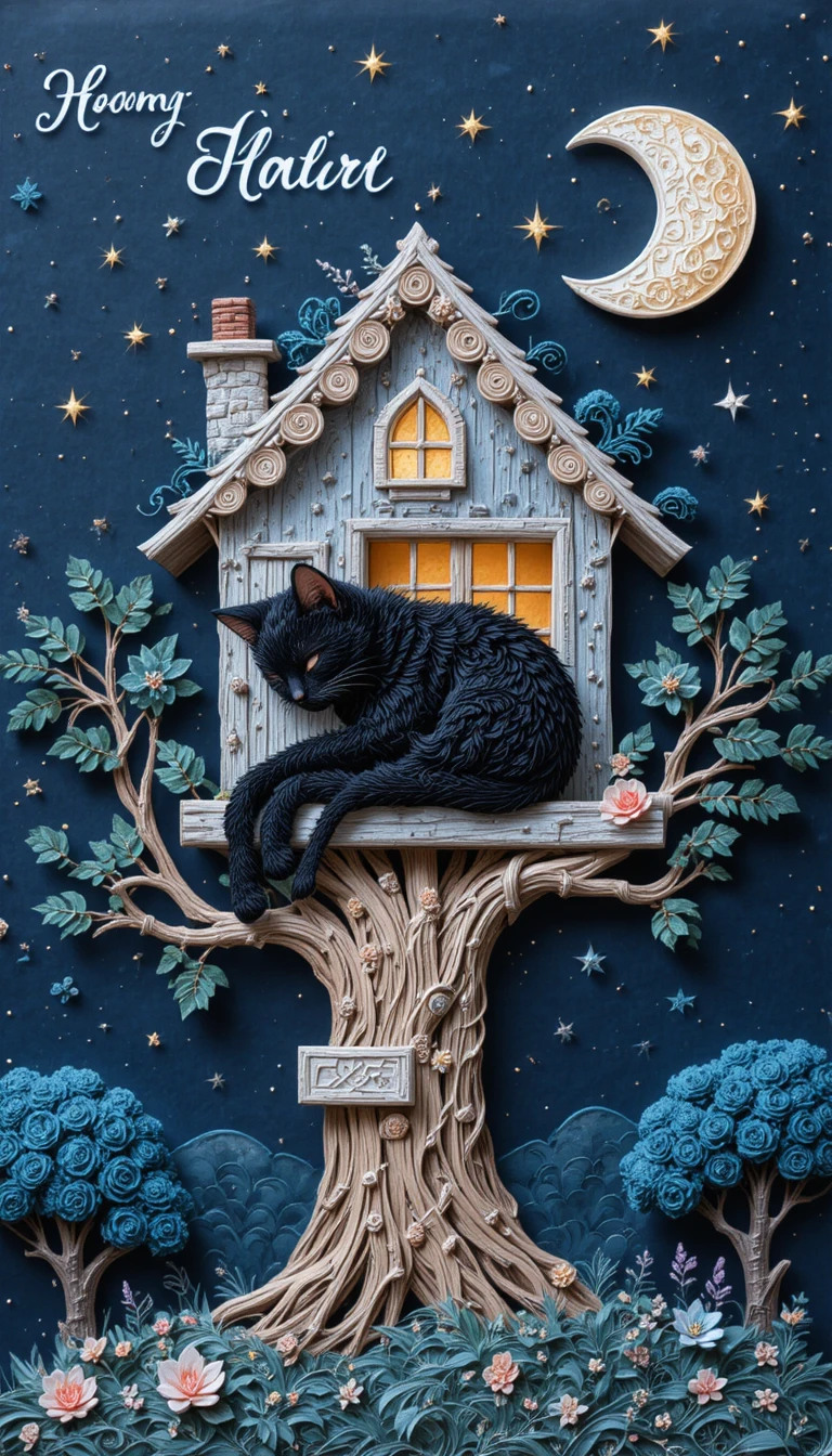 Adorable chat noir de dessin animé dormant dans une cabane dans les arbres la nuit