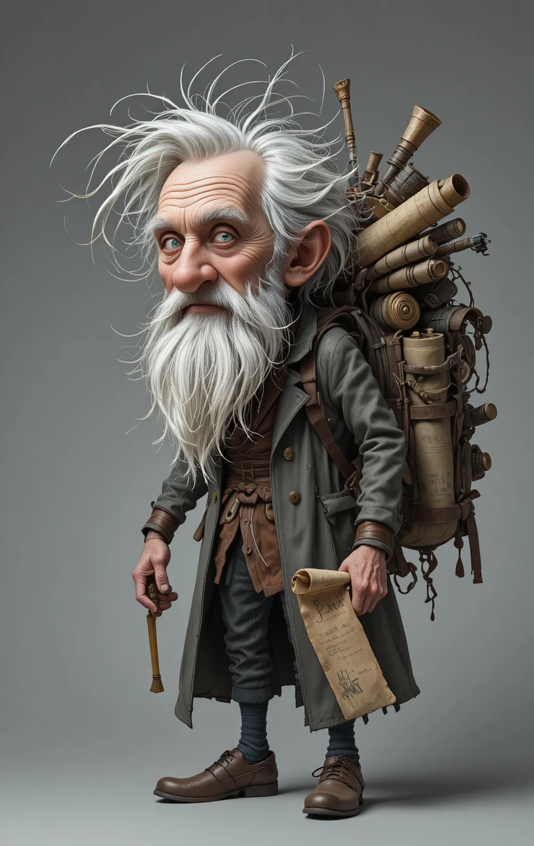 Eccentric old traveler with maps and backpack on gray