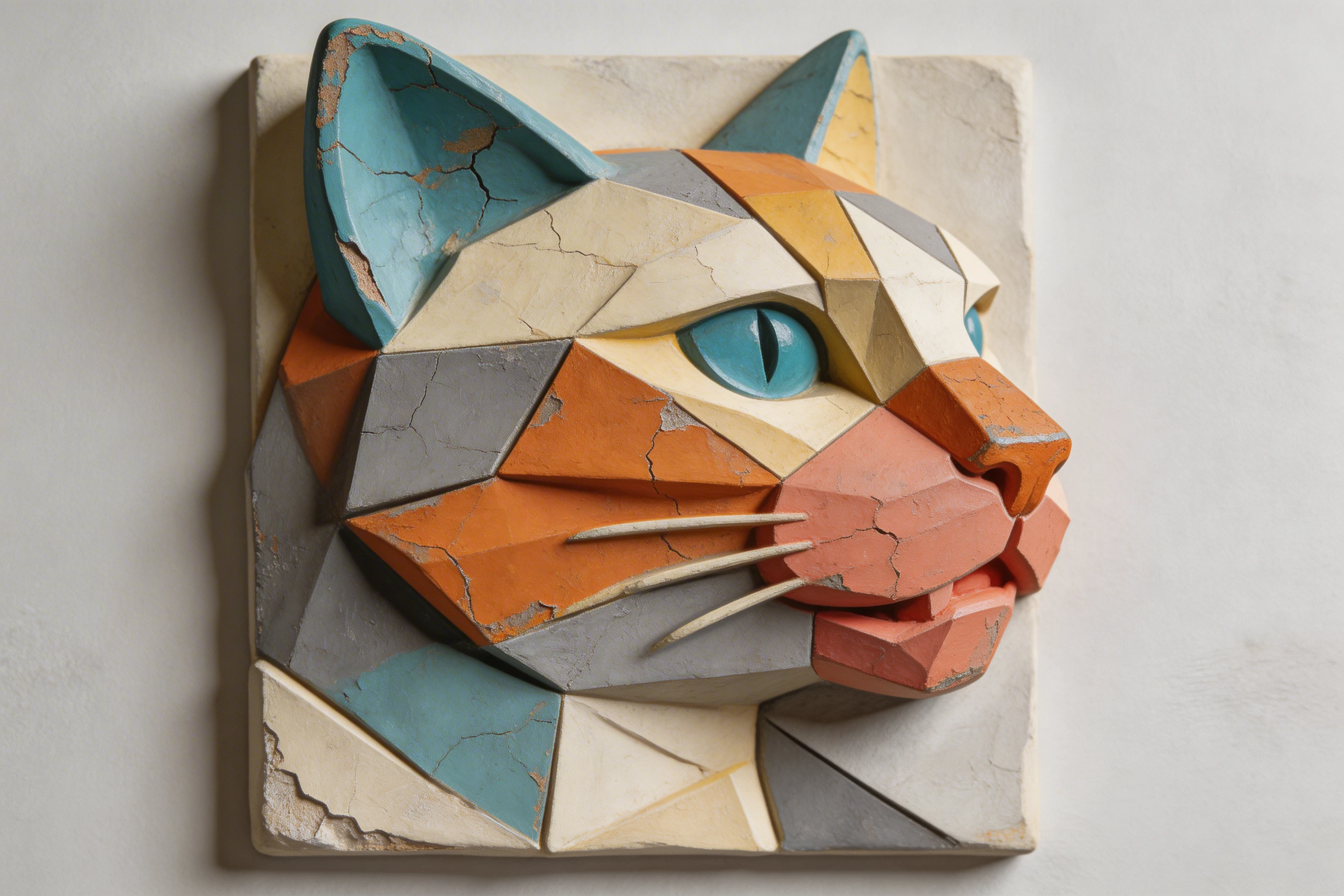 Retrato 3D geométrico abstrato de um rosto de gato peludo