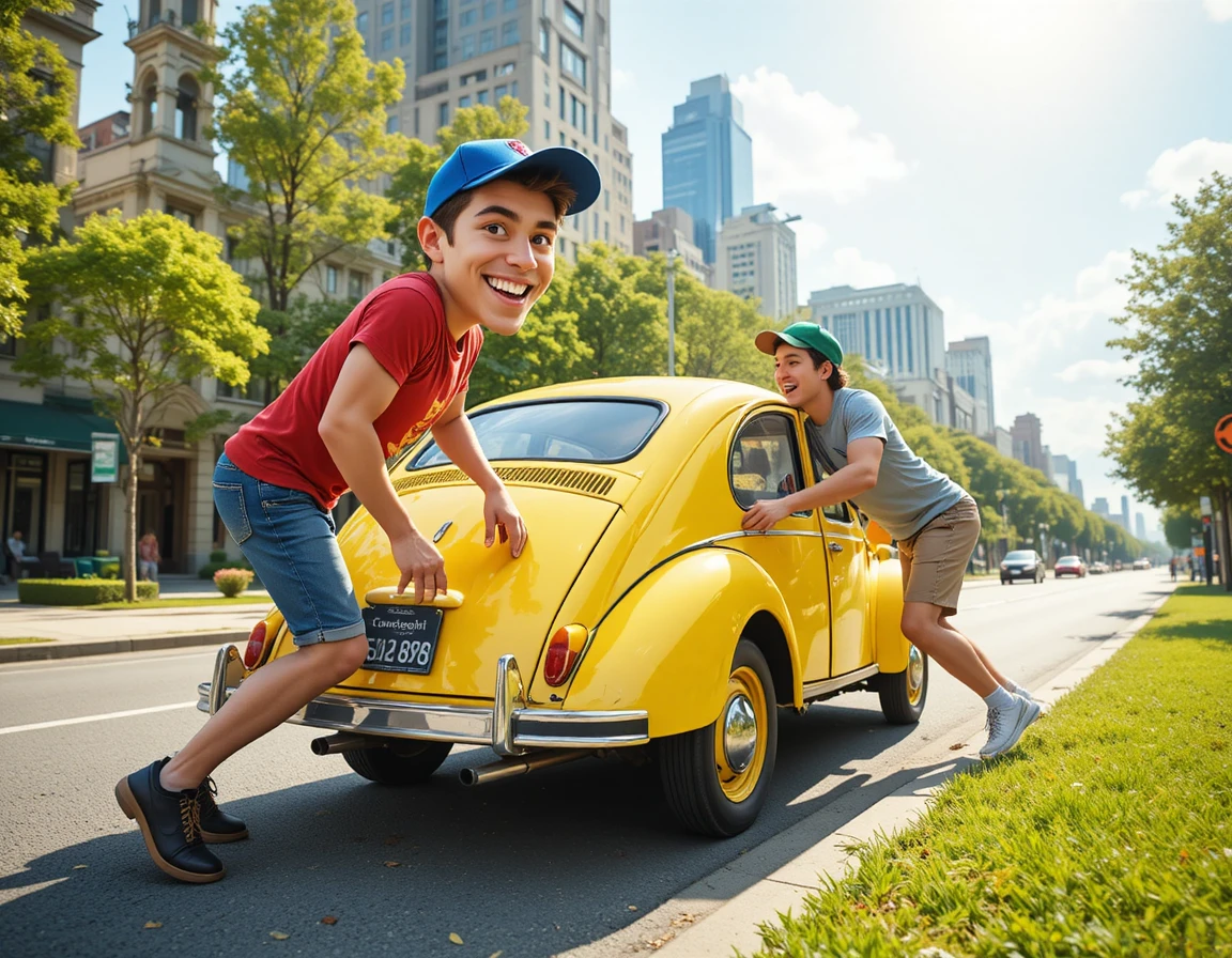 Dois homens empurrando um carro antigo amarelo em uma rua da cidade