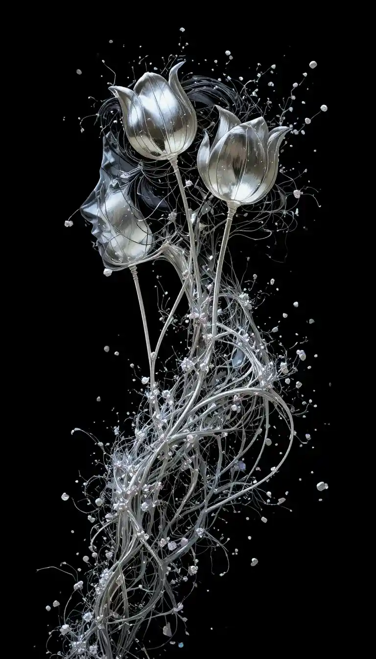 Delicate line girl silhouette with melting silver tulips