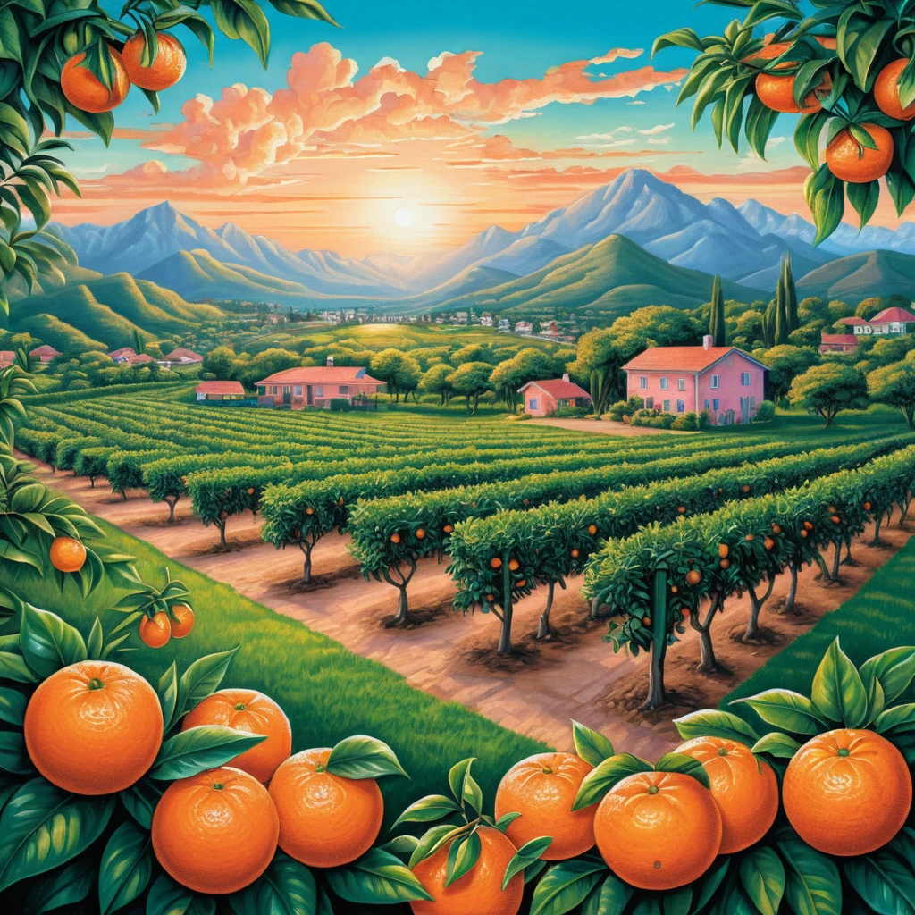 Summer tangerine orchard at sunrise with mountains and houses