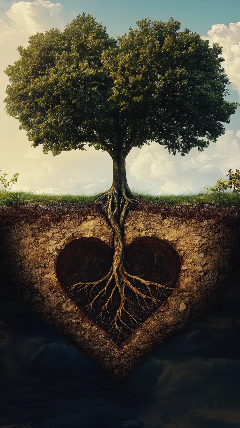 Two trees meeting underground with roots forming a heart