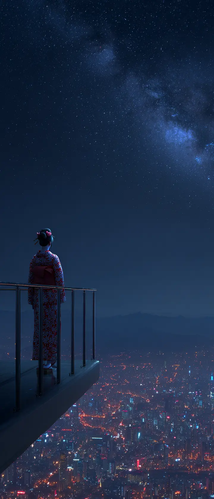 在未來感玻璃空中天橋上起舞的賽博藝伎
