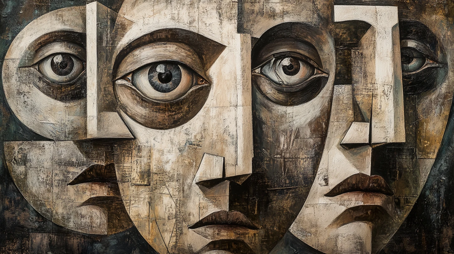 Surrealistisches kubistisches Porträt fragmentierter menschlicher Gesichter und Augen