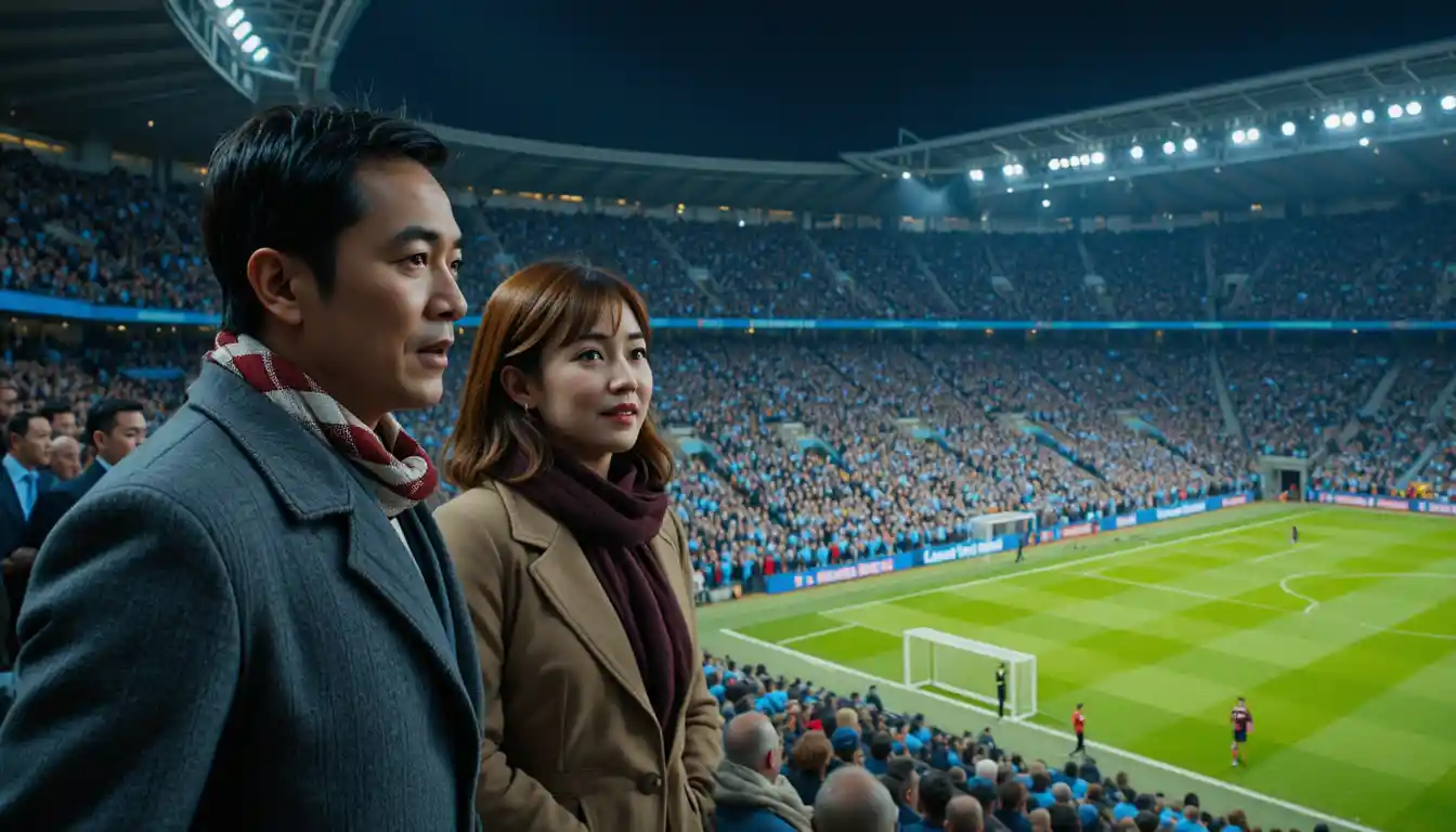 Three fans in a packed night football stadium