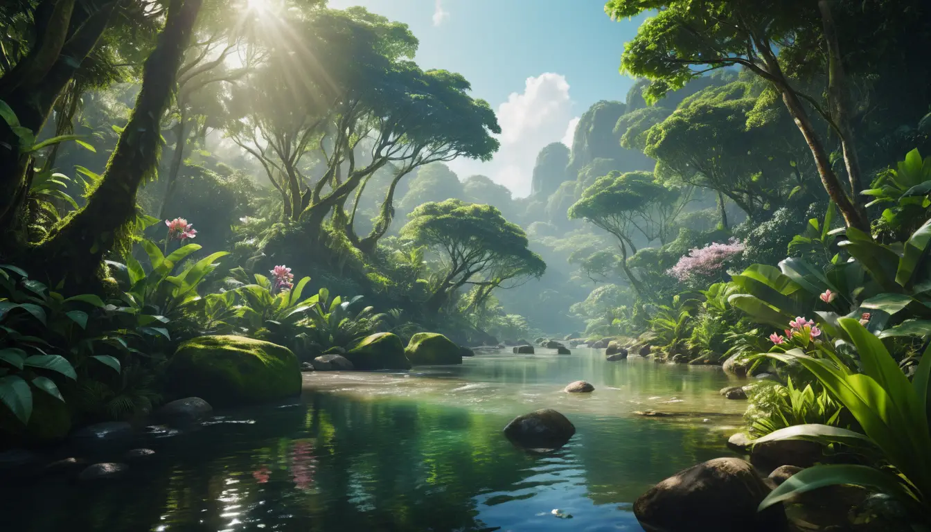 Sunlit tropical forest with river in cinematic detail