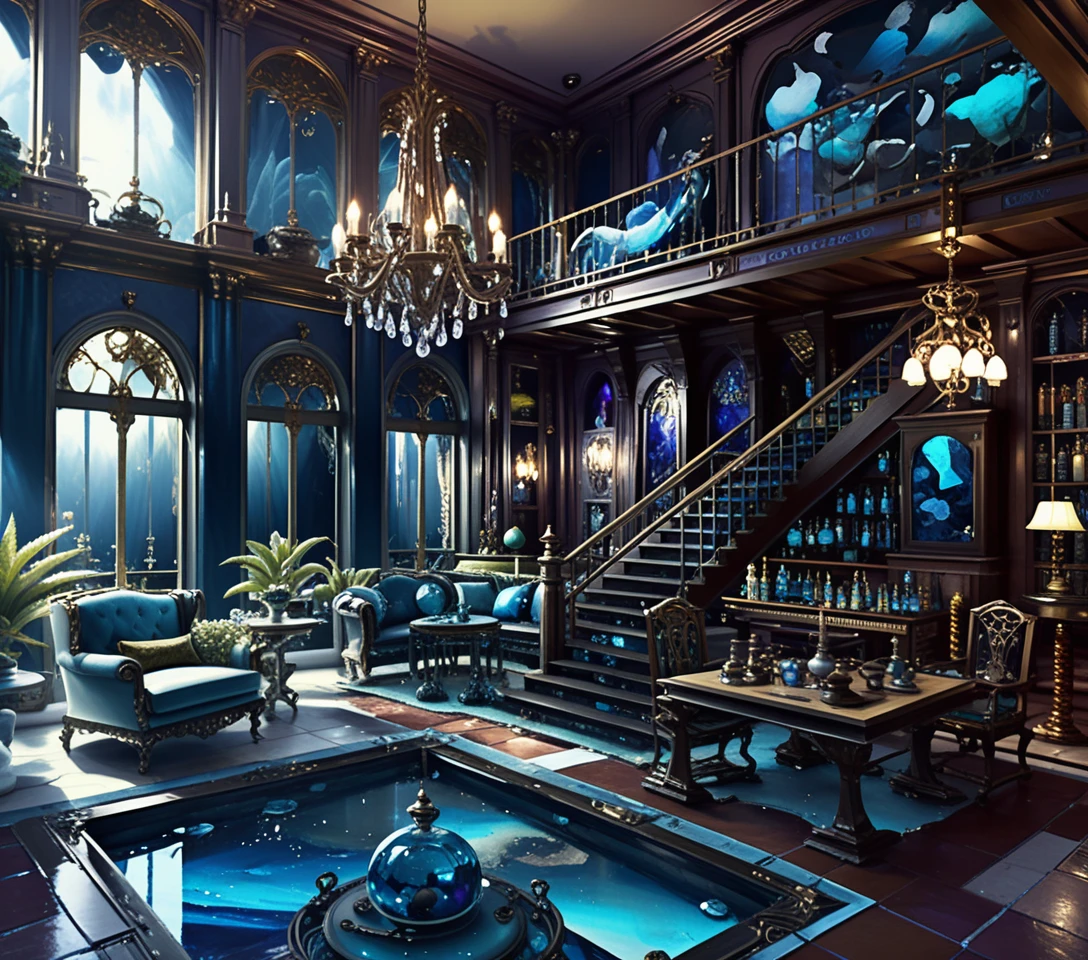 Corte interior estilizado de casa de mercader fantástica con rica decoración