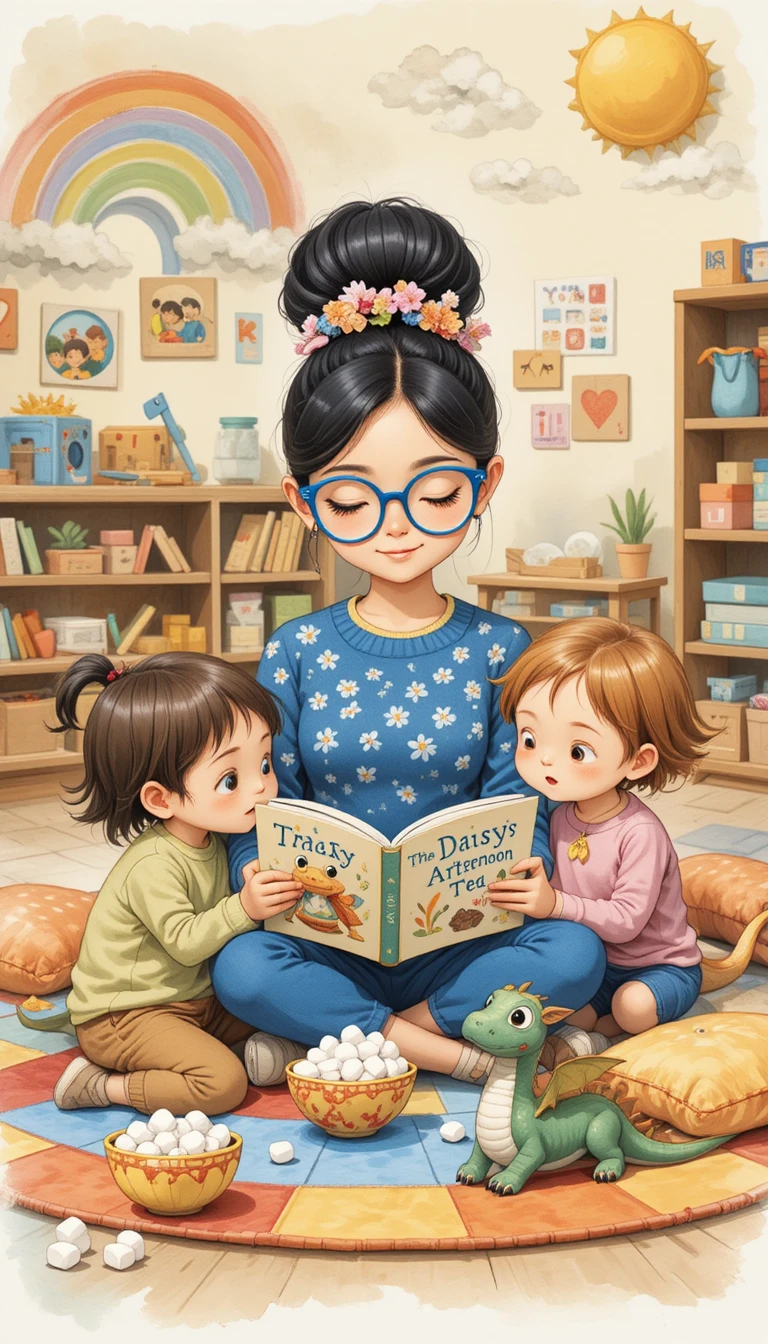 溫馨教室中老師為孩子朗讀的插畫