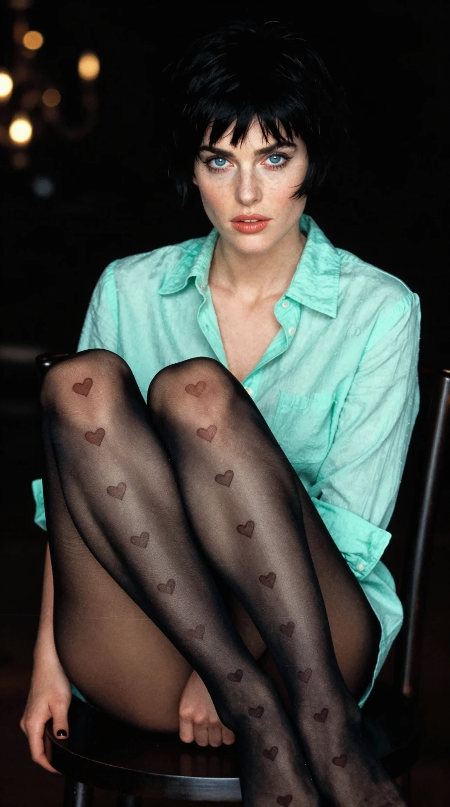 Retrato en contrapicado de una mujer con ojos azules y camisa color menta