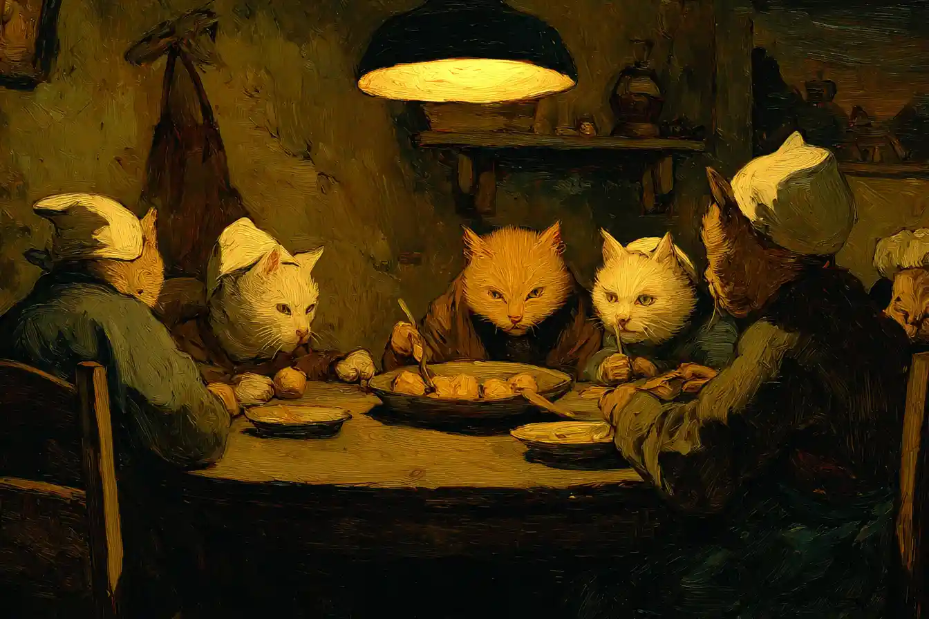 Fluffy Peasant Cats Sharing Potatoes By Lamplight