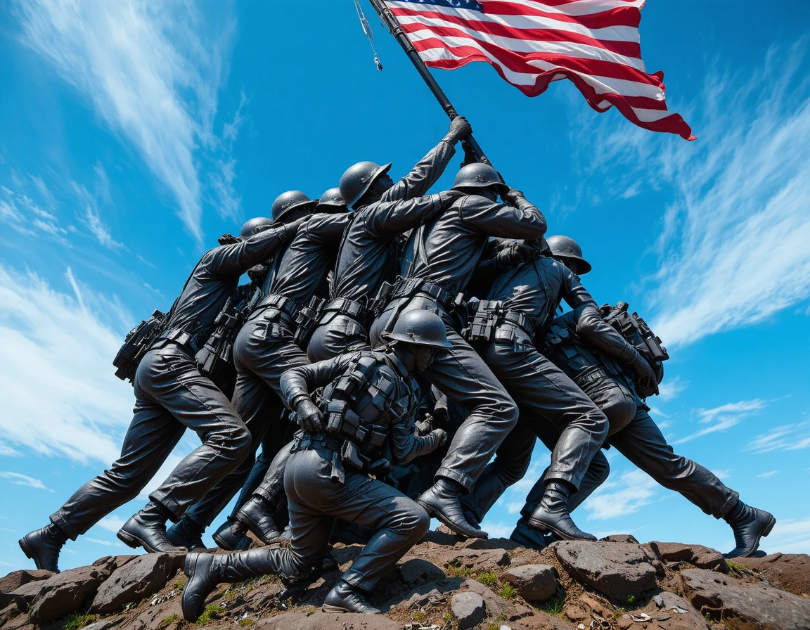 Monumento de fuzileiros navais de bronze erguendo a bandeira americana