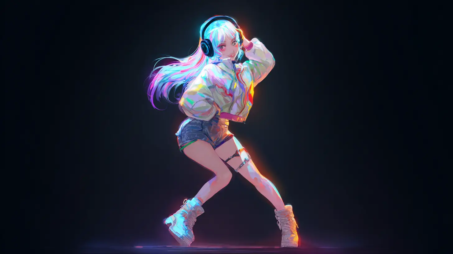 在繽紛城市舞台上跳舞的動漫 K-pop 少女
