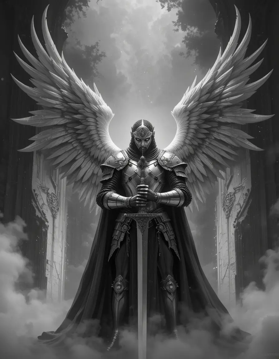 Angel knight with lowered sword in dramatic black and white