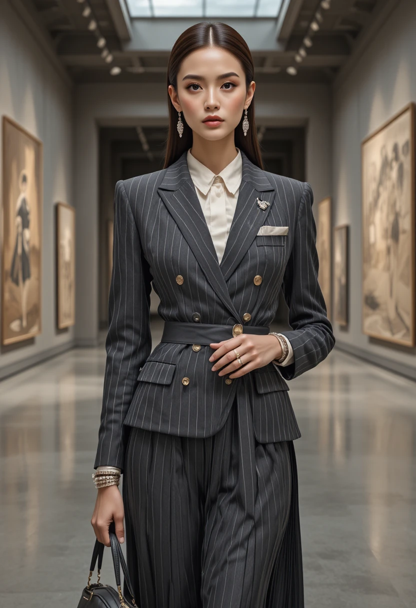 Mujer elegante de moda con atuendo de alta costura en galería de arte