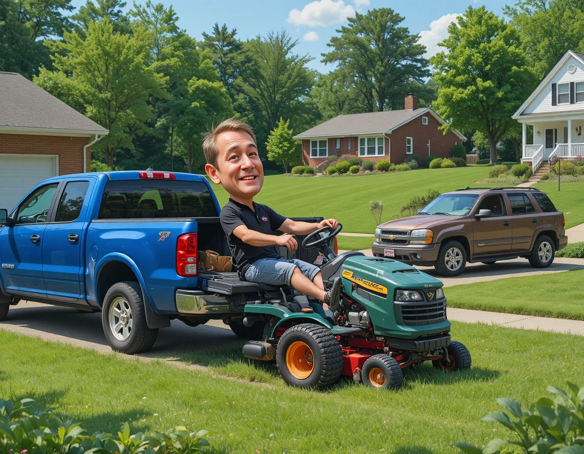 Hombre descargando un cortacésped tractor de una camioneta azul en la entrada