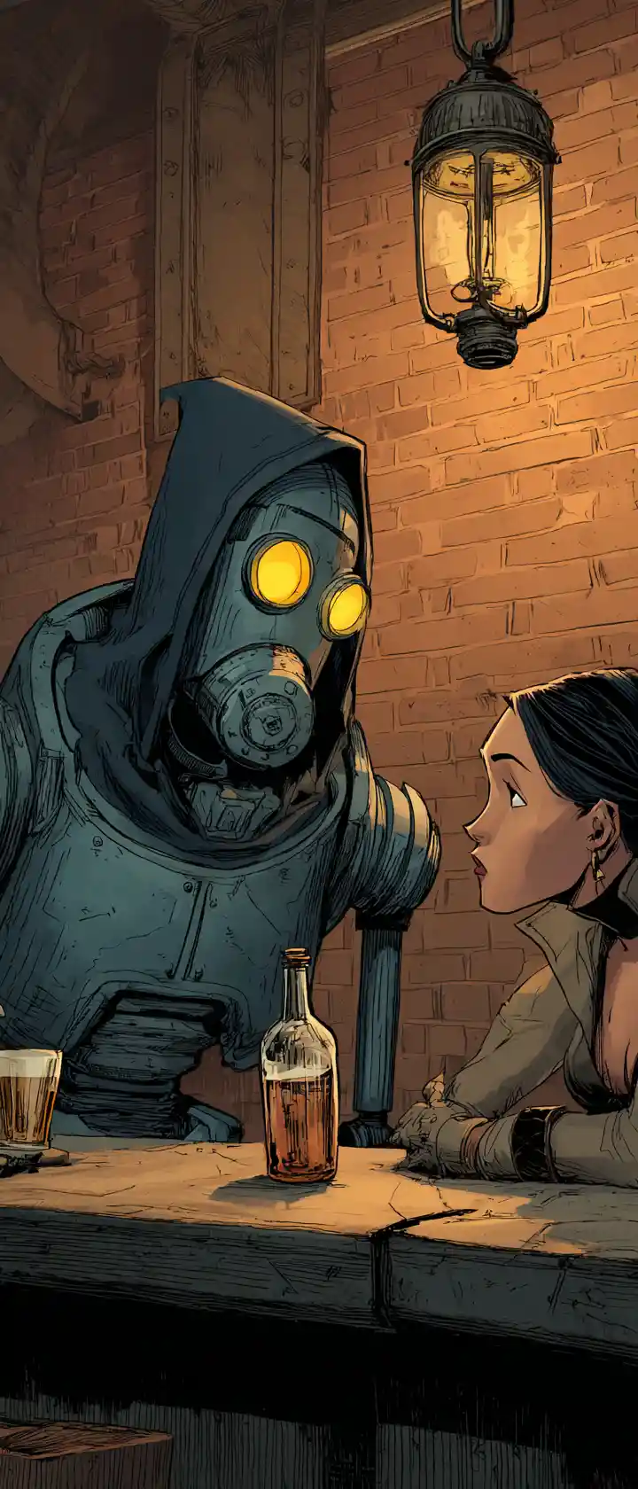Steampunk robot and woman talking at a dim bar
