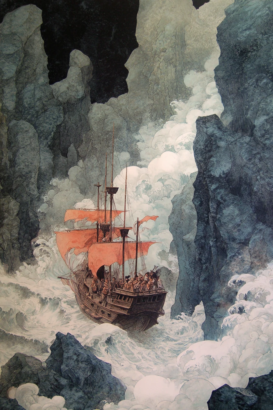 Pirate ship faces towering waves around a rocky island