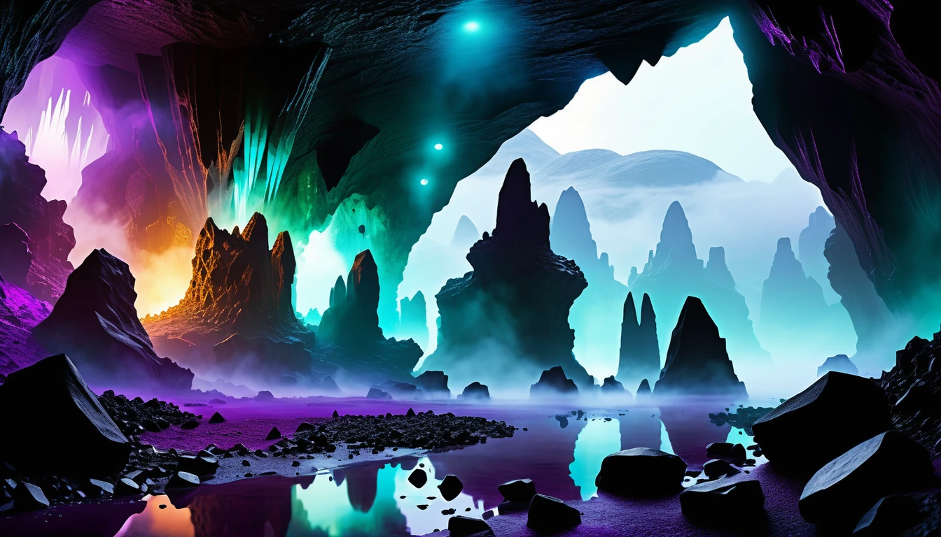 Cristalli alieni che brillano all’interno di una vasta caverna vulcanica
