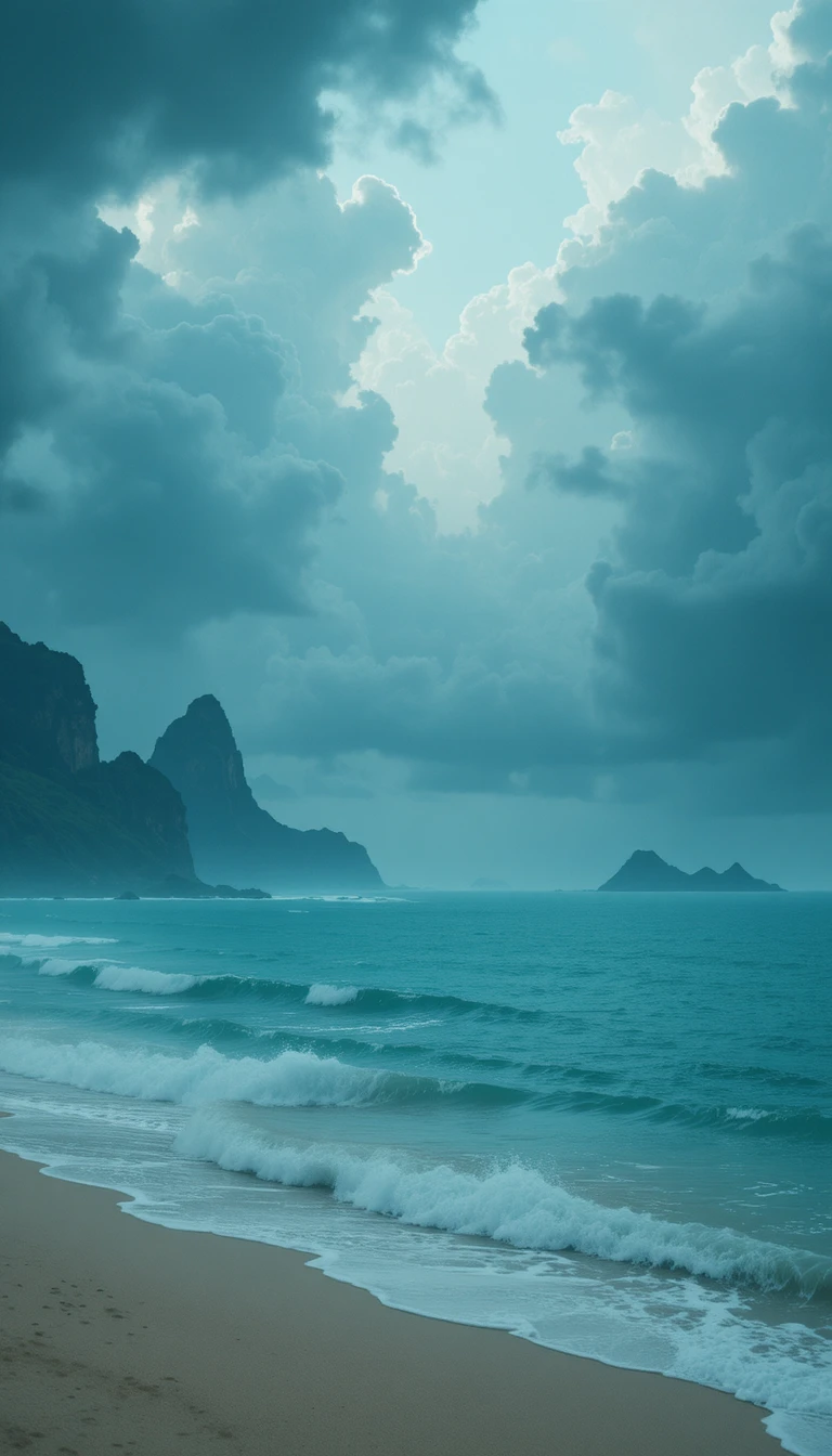 Epische Sci-Fi-Tropen-Meereslandschaft mit nebligem Ozeanhorizont