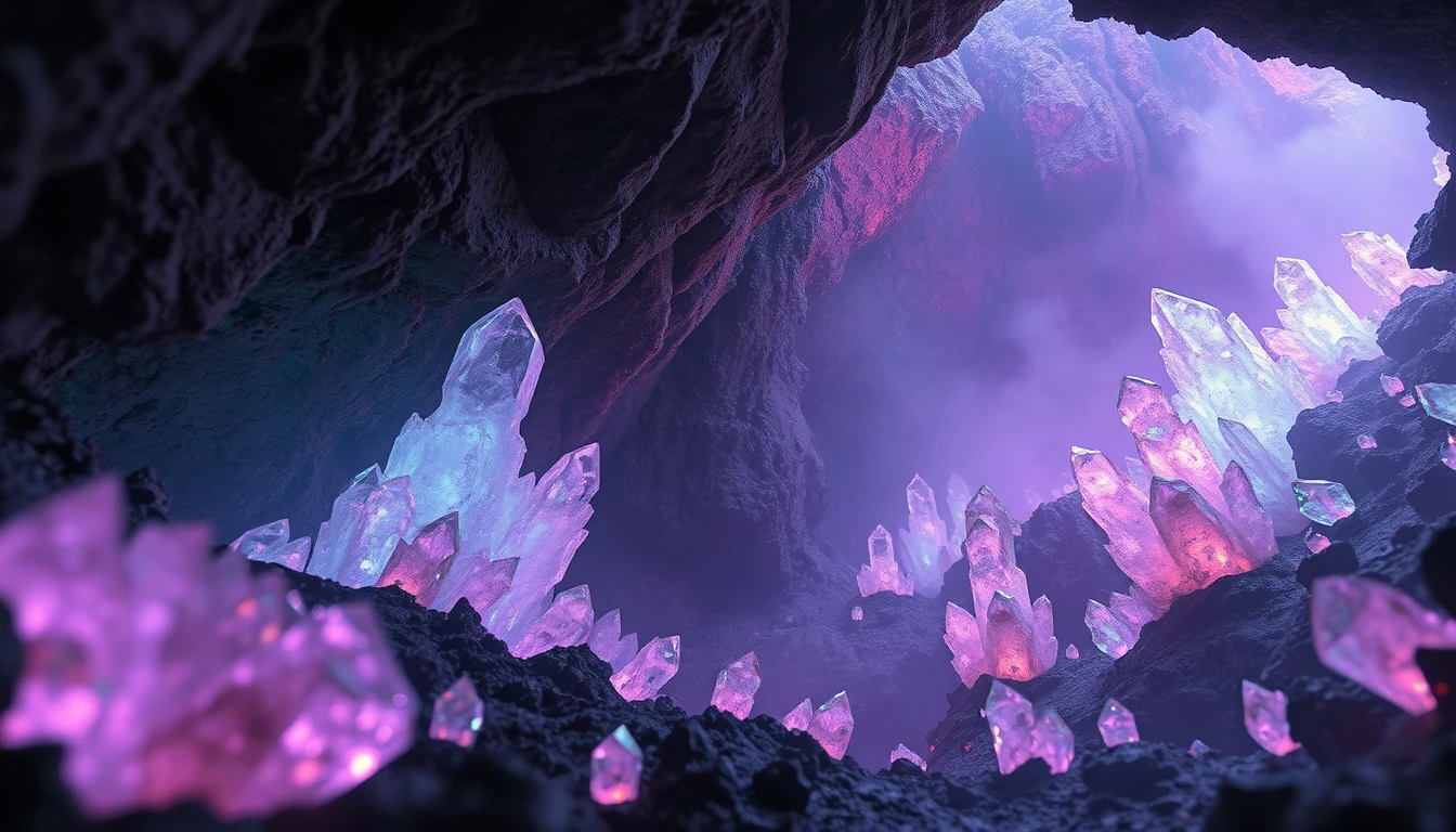 Cristaux aliens lumineux dans une vaste caverne volcanique