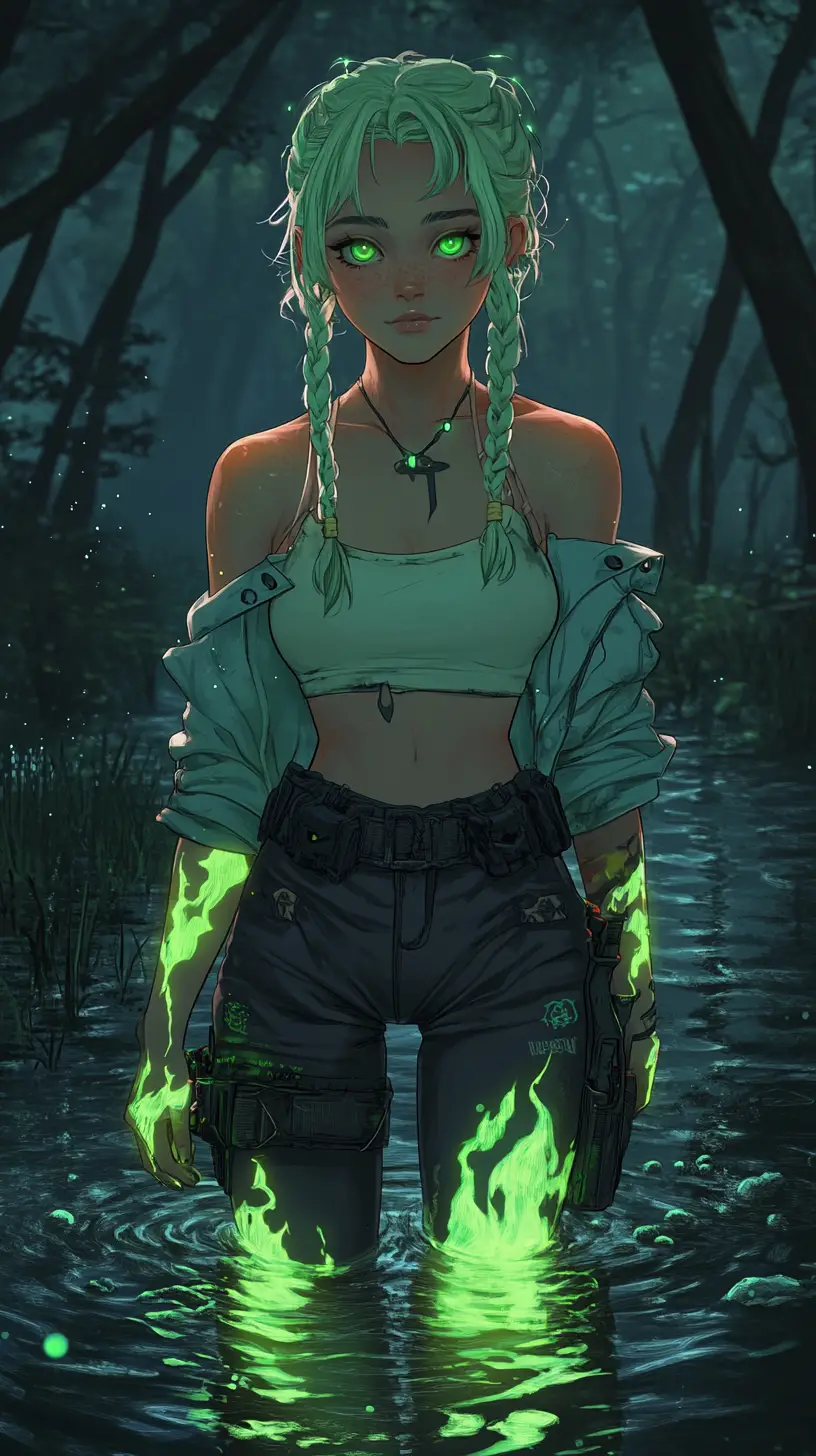 Fille d'anime debout dans un marais lumineux la nuit